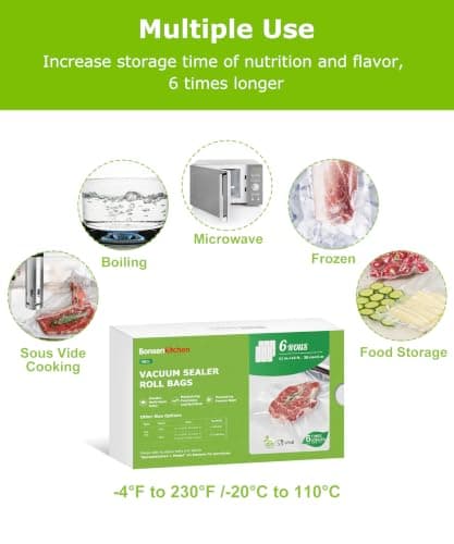 Bonsenkitchen 6 Rolls 11" x 16' Vacuum Sealer Bags for Food with a Color Box, Easy to Store, Commercial Grade, BPA Free, Great for Food Storage or Sous Vide, VB21 - Thumbnail 6