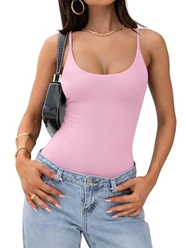 PINKMSTYLE Women Sexy Scoop Neck Double Lined Bodysuit Summer Sleeveless Adjustable Spaghetti Strap Tank Tops Light Pink Large - Image 1