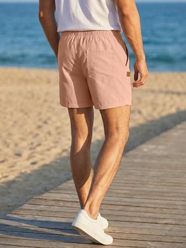JMIERR Men's Casual Cotton Linen Shorts - Drawstring Summer Beach Stretch Golf Dress Short 5 inch Polo Shorts with Pockets Elastic Waist,3XL,B Pink - Thumbnail 5
