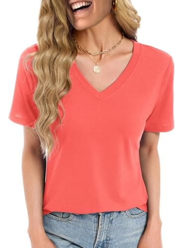 Women Tops Casual Summer T Shirts Short Sleeve V Neck for Ladies Beach Party Clothes Vacation Dressy Tunic Clothes, Coral Pink XXL - Image 1