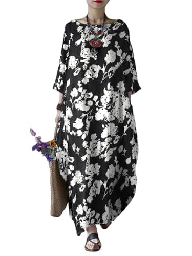 Celmia Kaftan Dresses for Women Floral Print Cotton Maxi Dress with Pockets Black XX-Large - Image 1