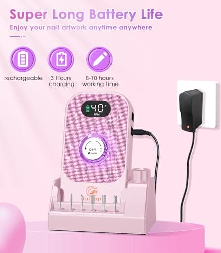 Portable Nail Drill Electric File: Professional Nail E File Machine 40000RPM Rechargeable Cordless Pink Diamond Nail Drill with Bits & Base for for Acrylic Nails Remove Gel Polish Manicure, Salon Home - Thumbnail 2