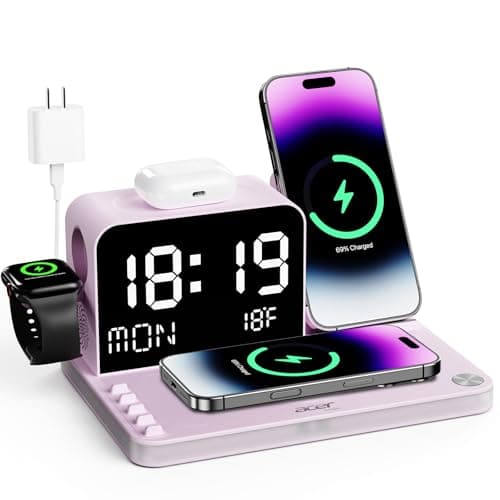 Acer 7-in-1 Wireless Charging Station with LED Clock - 30W Fast Wireless Charger for iPhone 16/15/14/13/12/Pro Max, Apple Watch, AirPods - Bluetooth Auto Time Sync & Night Lights (Purple)