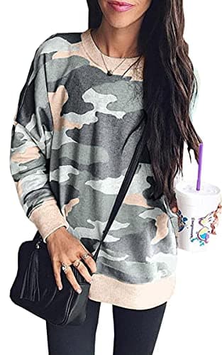 ECOWISH Women Side Split Sweatshirt: Fall Crewneck Long Sleeve Oversized Camo Shirts Casual Camouflage Print Pullover Tops 923Army Green M - Image 1
