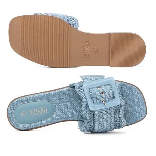 Rihero Womens Flat Sandals Raffia Slip On Beach Slides Square Open Toe Comfortable Summer Buckle Woven Blue Slide Sandals Blue Size 7.5 - Thumbnail 6