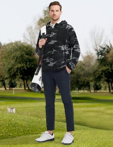 M MAELREG Mens Hoodies Microfleece Winter Warmth Golf Quarter Zip Hoodies Polar Fleece Hooded Sweatshirts for Men Black Camo - Thumbnail 3