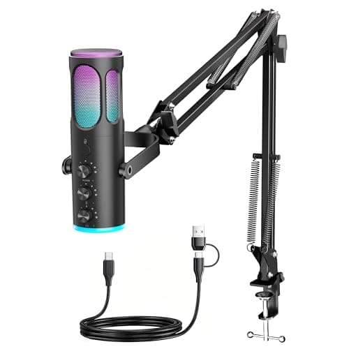 PUPGSIS Gaming Microphone for PC, USB Condenser Mic for PS4/5 and Mac, Noise Cancellation Computer Mic with Mute, Reverb, Adjustable Boom Arm, Pop Filter for Streaming/Podcasting/Recording/YouTube