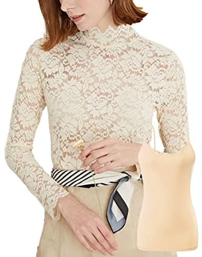 QiuDumo Lace Top Sweat Shirt Tunic Tops Bodysuits Linen Shirt Jacket with Cami Top High Neck T Shirt with Camisole 2-Piece Set Apricot L - Image 1