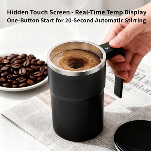 Self Stirring Coffee Mug 12 Oz with Lid, 316 Stainless Steel Automatic Magnetic Mixing Cup with a Built-in Lcd Thermometer & Handle, Rechargeable Electric Coffee Stirrer, Gift for Men and Women - Thumbnail 2