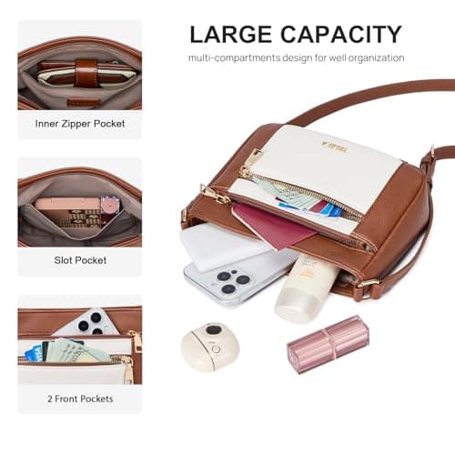 Telena Crossbody Bags for Women, Leather Cross body Purse With Adjustable Strap (Beige With Brown, X-Large) - Thumbnail 3
