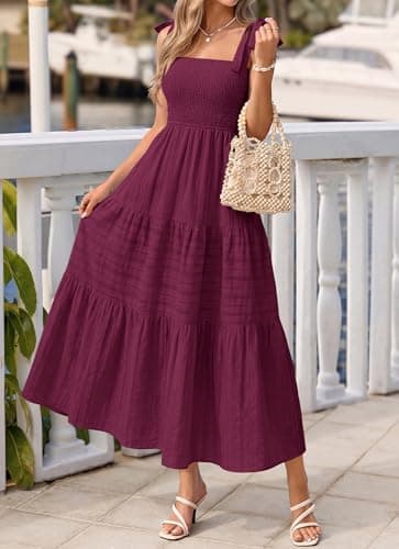 BTFBM Women's 2026 Spring Boho Spaghetti Strap Dress Casual Sleeveless Smocked A Line Beach Sundress Long Maxi Dresses(Burgundy, Small) - Thumbnail 6