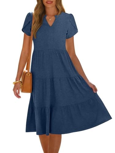 ANRABESS Womens Summer Causal Dresses V Neck Short Sleeve Midi Dress 2026 Flowy Tiered Boho Beach Sundress Vacation Outfits Blue M - Image 1