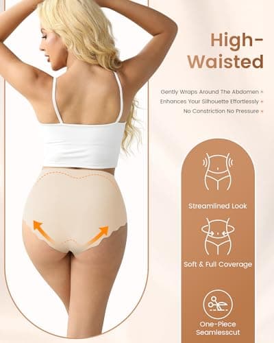 Cevapro Seamless Underwear for Women, High Waisted Women's Panties with Wave Edge No Show Full Coverage Ladies Briefs 6 Pack - Thumbnail 5