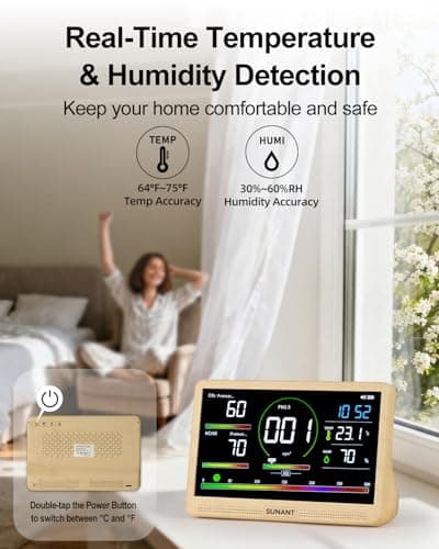 SUNANT 16 in 1 Indoor Air Quality Monitor, 7" Display 9 AQI +7 AQI Alerts, CO2 Monitor Tester for CO2, HCHO, TVOC, PM1.0 PM2.5 PM10 Temperature Humidity AQI & Time Air Quality Meter for Home Office - Thumbnail 5