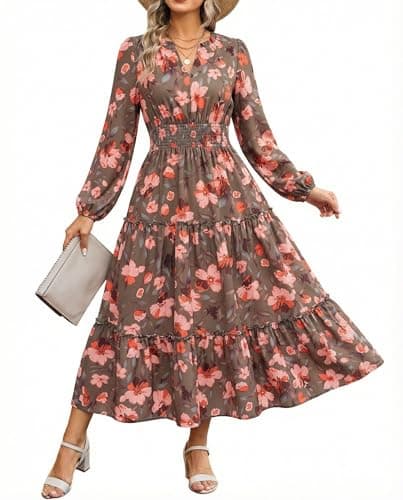 Women Long Sleeve Midi Dress, Boho Floral Casual Flowy A Line Dresses, Spring Elegant Classy Dress with Pocket Green Orange - Image 1