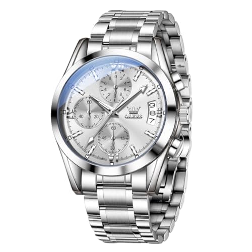 OLEVS Silver Watch for Men Luxury Waterproof Men's Watch Casual Fashion Analog Stainless Steel Chronograph Large Face Men's Watches Elegant Classic Quartz Date Wrist Watches for Man Reloj - Image 1