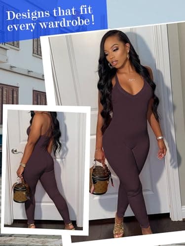 VUTRU Women’s Jumpsuits Cross Strap One Piece Bodysuit Sexy Workout Tummy Control Athletic Sleeveless Romper（Dark Brown XL） - Thumbnail 4