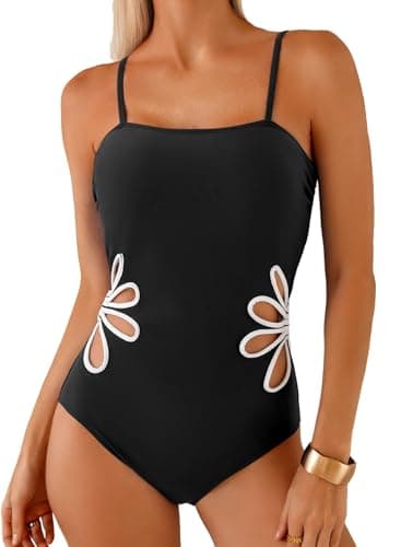Herseas Womens Floral Cutout One Piece Square Neck Swim Suit Adjustable Spaghetti Straps Quick Dry Slimming Summer 2026 Bathing Suits Fashionable Vacation Outfit Black XX-Large - Image 1