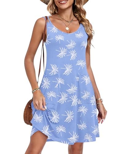 AUSELILY Women's Beach Cover Up Vacation Summer Spaghetti Strap Dress Sleeveless Flowy Sundresses with Pocket Coconut Tree M - Image 1