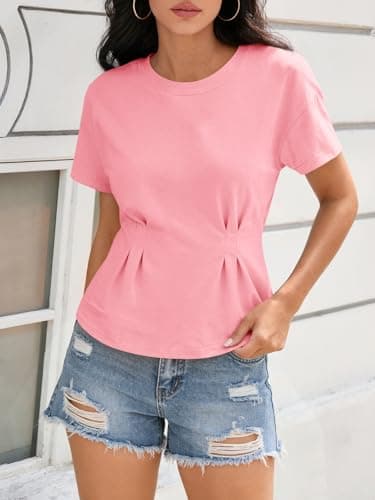 Tankaneo Womens Workout Peplum Tops Babydoll Summer Short Sleeve Pleated T-Shirts Casual Loose Fit Flowy Tshirts Light Pink - Thumbnail 3