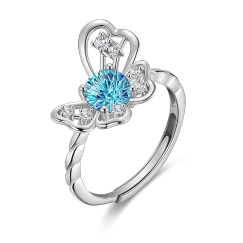 Birthstone Butterfly Opening Ring - 925 Sterling Silver Firework-Cut March Aquamarine Cubic Zirconia Adjustable Anniversary Engagement Promise Ring Birthday Jewelry Gift for Wife Mom Daughter DR0165M - Image 1