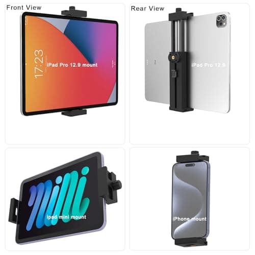 teefeet Adjustable Tripod Mount Adapter for iPad and Phone with 360°Ball Head ipad Clamp Mount with 1/4" Screw Holes, ipad Holder for Tripod Fits Most Size of Phones and Tablets - Black - Thumbnail 5