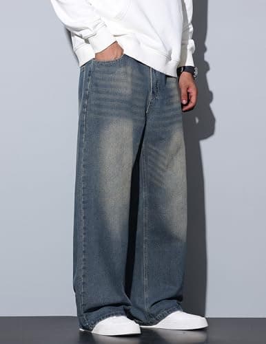 QGRSWBC Baggy Jeans Men Wide Leg Hip Hop Jeans Mid Rise Denim Pants Loose Fit Skater Trousers Haze Blue XS - Thumbnail 4