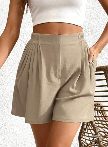 BTFBM Womens Shorts Casual 2026 Spring Summer Elastic High Waisted Pleated Cotton Shorts Beach Vacation Outfits Pockets(Khaki, XX-Large) - Thumbnail 5