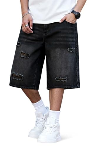 Heyfanee Mens Baggy Jorts Ripped Y2k Jean Shorts for Men Big and Tall Loose Fit Denim Shorts Men Streetwear Black 30 - Image 1