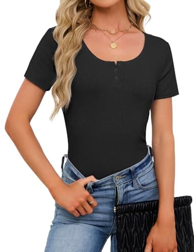 Short Sleeve Henley Shirts for Women Ribbed Tops Scoop Neck Fitted T Shirts Casual 2026 Trendy Summer Dressy Basic Blouse (Black, Medium) - Thumbnail 3