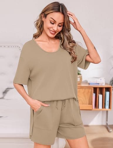 Totatuit Women's Short Set 2 Piece Summer Outfits Oversized U Neck T-Shirt Shorts Set with Pockets Casual Loose Lounge Sets for Airport Travel Khaki Small - Thumbnail 4