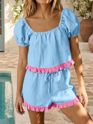 Tankaneo Womens 2 Piece Short Sets Summer Puff Sleeve Square Neck Babydoll Tops Cute Lounge Set Cotton Vacation Outfits - Thumbnail 2