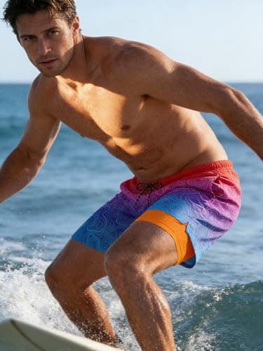 Cozople Mens Swim Trunks with Compression Liner 5.5" Bathing Suit 2 in 1 Anti Chafing Purple Gradient Beach Board Short Swimwear Swimsuit with Boxer Brief L Beach Play Sandcastle Building Wave Wading - Thumbnail 3