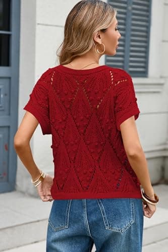 Cakulo Womens Short Sleeve Crochet Sweater Spring Summer Boho Casual Crop Tops 2026 Beach Vacation Clothes Red L - Thumbnail 3