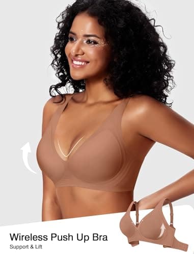 VRVOICE Jelly Wireless Bras for Women Push Up Deep V No Underwire Seamless Plunge Bralettes Comfort Supportive Tshirt Bra, Coffee Medium - Thumbnail 5