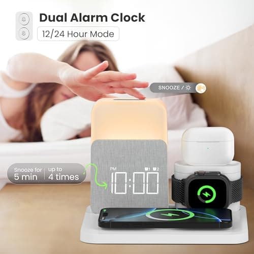 Alarm Clock with Wireless Charger for Bedrooms, 6 in 1 Wireless Charging Station, Magnetic Charger with Night Light Bedside Clock for iPhone 16 15 14 13 12 Pro Max, Apple Watch, AirPods - Thumbnail 3
