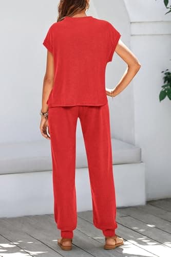 BTFBM Women's Two Piece Tracksuit Outfits Summer Short Sleeve Tops Long Pants Jogger Lounge Matching Sets Sweatsuit(Red,X-Large) - Thumbnail 4