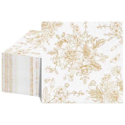 NatNarr 100 Pcs Floral Napkins Gold Toile Cocktail Napkins Vintage Flower Butterfly Design Chinoiserie Napkin for Wedding Reception, Bridal Shower, Engagement - Image 1