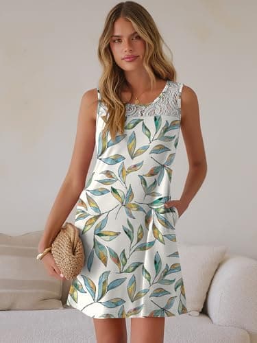 ANRABESS Womens Summer Floral Dresses Lace Crew Neck Sleeveless Sundress 2026 Mini Tank Dress Beach Cover Ups with Pockets Floral Colorful Medium - Thumbnail 3