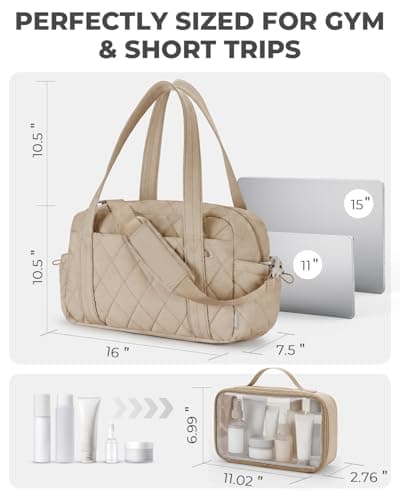 Percover Gym Bag for Women, Lightweight Quilted Travel Duffle Bag & Weekend Bag, Carry On Gym Duffle with Organized Compartments for Yoga & Short Trips, Camel - Thumbnail 6