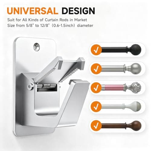 Universal Curtain Rod Holders, No Drill Curtain Rod Brackets, Self Adhesive Curtain Rod Brackets Up to 30 LB, Nail Free Curtain Rod Hooks for Bathroom, Bedroom, Livingroom, Kitchen (4PC, Silver) - Thumbnail 2