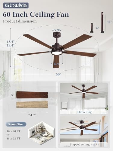 Glowivia 60 Inch Ceiling Fan with Lights and Remote, Smart APP Control, Dimmable with All-Setting Memory, Quiet DC Motor Reversible Blades, Damp Rated Modern Ceiling Fan for Bedroom Patio Living Room - Thumbnail 6