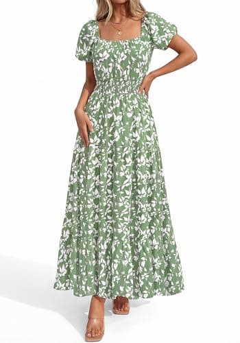 BTFBM Summer Dress for Women 2026 Spring Floral Short Sleeve Casual Flowy A-Line Smocked Tiered Maxi Dresses Pockets(Floral Green White, Medium) - Thumbnail 6