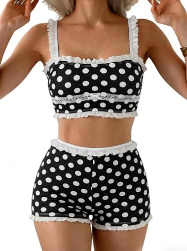 ZAFUL Womens High Waisted Bikini Sets 2 Piece Plaid Ruffle Swimsuits Back Strap Top with High Waisted Shorts Bathing Suit Black Polka Dots XL - Image 1
