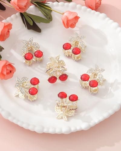 6PCS Rhinestones Cherry Small Hair Clips-Mini Claw Clips for Women, Metal Springs, Cute Hair Accessories for Updo and Half Up Styles (Crystal Cherry) - Thumbnail 6