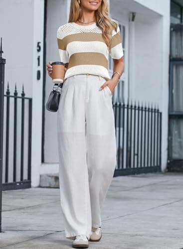 Dokotoo Womens Summer Tops Casual Short Sleeve Crewneck Shirts for Women 2026 Fashion Trendy Striped Colorblock Blouses T-Shirt Cute Round Neck Top Khaki Small - Thumbnail 5