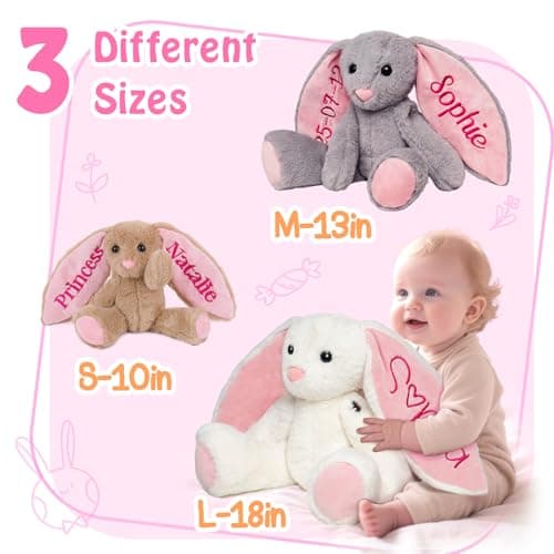 Custom Embroidered Plush Bunny with Name, Personalized Baby Plush Toys, Personalized Bunny Stuffed Animal, Toys for 1+ Years Old Girls, Easter Birthday Gifts for Baby Girls Boys Toddlers Newborn - Thumbnail 5