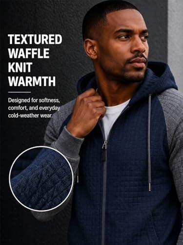 Men's Lightweight Waffle Knit Hoodie Drawstring Long Sleeve Sweatshirt Plaid Jacquard Zip Up Casual Jacket with Pocket - Thumbnail 3