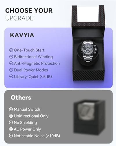 KAVYIA Automatic Watch Winder with Japanese Motor – Silent Adjustable Rotation, Premium PU Leather Exterior and Soft Flexible Watch Pillows, for Father's Day Gift for Him, Christmas Gift 2025 - Thumbnail 6