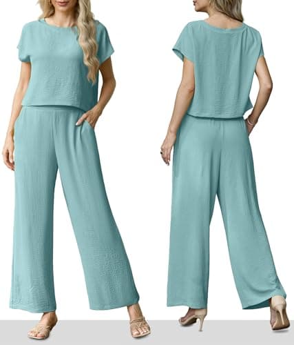 Lepunuo Two Piece Outfits for Women Summer Cozy Cap Sleeve Top and Loose Wide Leg Pants Sets Lounge Matching Set - Thumbnail 4